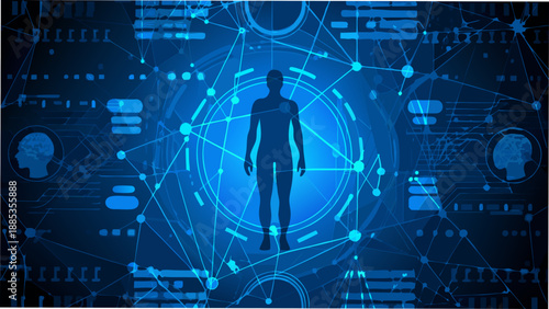 Human silhouette integrated with a complex network of glowing blue digital connections