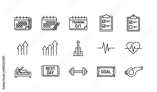 Fitness icons: linear black and white designs for training and health planning