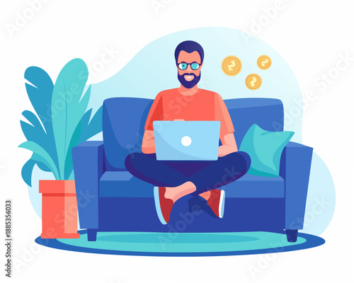 Man working on laptop with coins plant and relaxing on a sofa