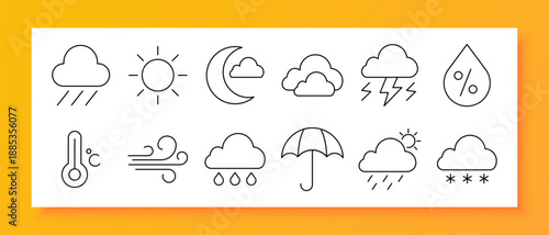 Weather set icon. Sun, rain, cloud, storm, wind, temperature, umbrella, humidity, lightning, snow, fog, climate, forecast, sky, weather, droplet, sunshine, thunder, season, stormy
