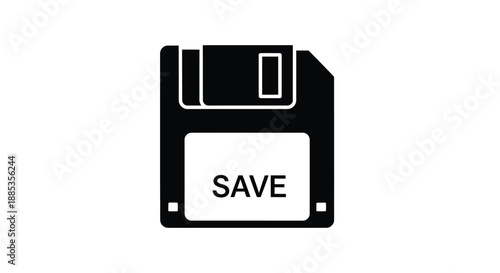 Simple black and white icon of a floppy disk with the word save