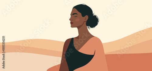 Mental Health Day. Vector illustration with a place for text, afro woman in profile on a warm beige background with abstract. For Psychology, self-help, Mindfulness, awareness, Women's Day, March 8th