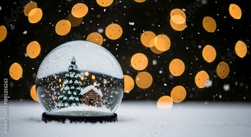 A serene snow globe depicts a cozy cabin scene with winter wonderland