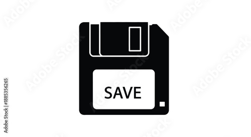 Simple black and white illustration of a floppy disk with the word save