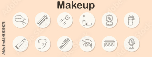 Makeup set icon. Lips, brushes, powder, mascara, mirror, toner, tube, dryer, comb, eyebrow, palette, stand mirror.