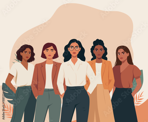 Women's Day, March 8th. Vector banner with a place for text, women of different nationalities, skin colors, confidently standing up for each other. Unity, equality, diversity, women's empowerment