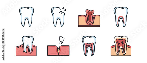 Dental health and tooth problems illustrated icons vector set