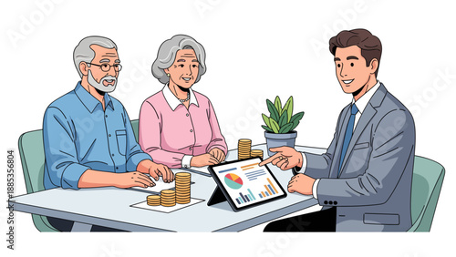 A cartoon illustration of a young businessman discussing financial data with an elderly couple
