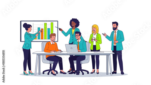 A diverse group of business professionals gathered around a conference table analyzing a colorful bar graph on a screen