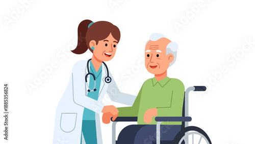 A female doctor in a white coat smiling while helping an elderly man in a wheelchair