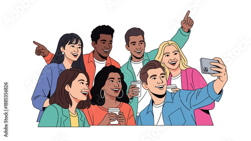 A diverse group of young adults taking a selfie together with coffee cups