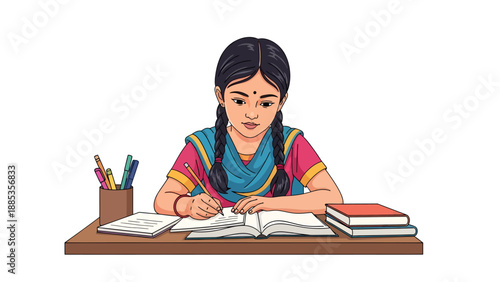 A young girl with braided hair in a pink and blue outfit studies at a desk with books and pencils.