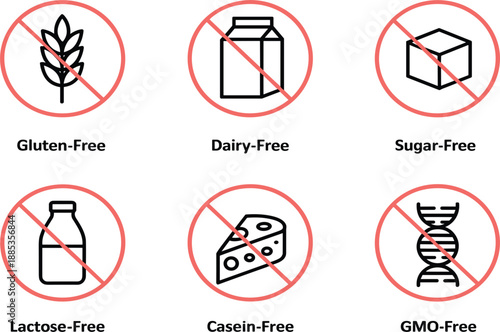 Healthy food allergen free icon set including gluten dairy sugar lactose casein and GMO free labels
