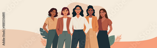 Women's Day, March 8th. A vector illustration with a place for text, different women confidently stand together, different ethnic groups. Pastel background. For unity, diversity, equality, empowerment