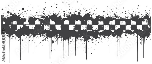  A bold, distressed composition featuring a black-and-white checkered stripe across a splattered ink background. Evokes speed, street art, and edgy energy,