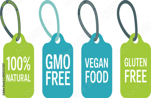 Set of natural organic food labels including GMO free vegan food and gluten free tags