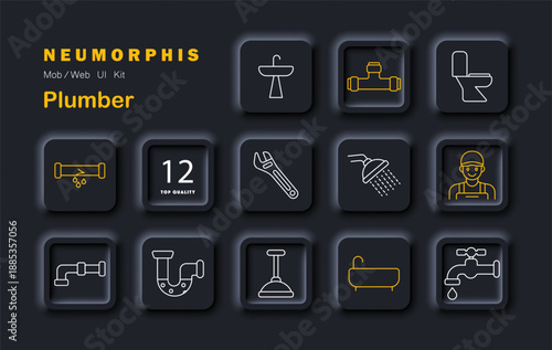 Plumber set icon. Displays sink, faucet, toilet, pipe leak, wrench, showerhead, plunger, bathtub, plumber, U-bend, dripping tap, pipe joint, number badge