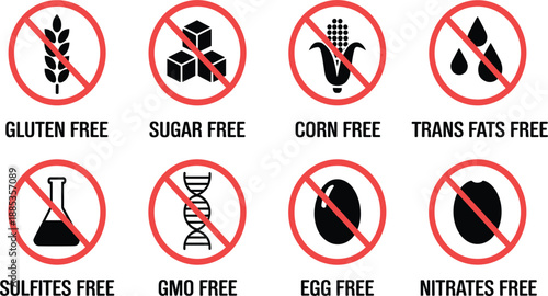 Healthy food allergen free icon set including gluten sugar corn trans fats and GMO free