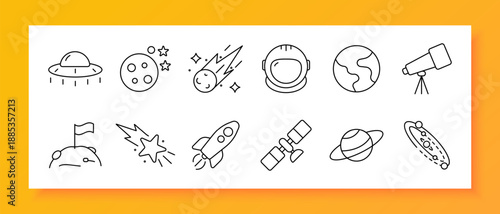 Space exploration set icon. Rocket, planet, satellite, astronaut, UFO, moon, meteor, telescope, Earth, galaxy, star, orbit, science, universe, cosmos, discovery, astronomy, astronautics, sky, travel