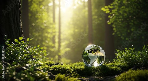 A small glass globe reflecting a forest scene resting on vibrant green