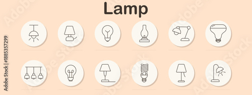 Lamp set icon. Pendant, table, bulb, oil lamp, desk light, led bulb, ceiling lights, double bulb, nightstand, spiral bulb, spotlight.