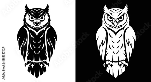 Two striking black and white vector illustrations of owls, one dark on light and one light on dark, showcasing detailed feathers and intense eyes.