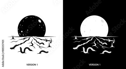 Two contrasting illustrations of a dark, starry moon and a bright full moon, both with exposed roots and worms emerging from the soil.
