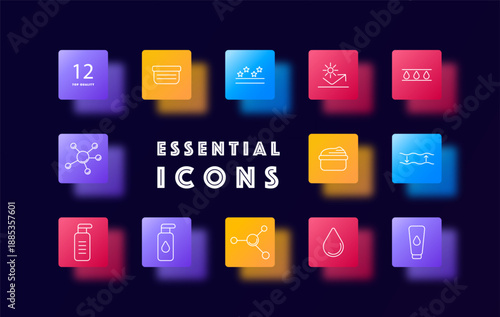 Skincare product set icon. Cream, serum, tube, moisture, oil, molecule, droplet, protection, layers, gloss drawn in outline style over color gradient square tiles.
