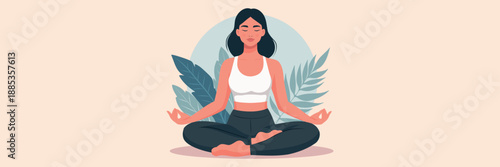 Vector illustration with a place for text, a woman practicing yoga, meditating in the lotus position, hands in the mudra pose. Soft pastel background. Use for wellness, mindfulness and yoga classes
