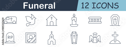 Funeral set icon. Coffin, candle, church, tombstone, dove, hearse, cross, photo frame, angel, urn, and grieving symbols drawn with clean religious design style.