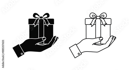 Black and white illustration of hands holding gift boxes with bows