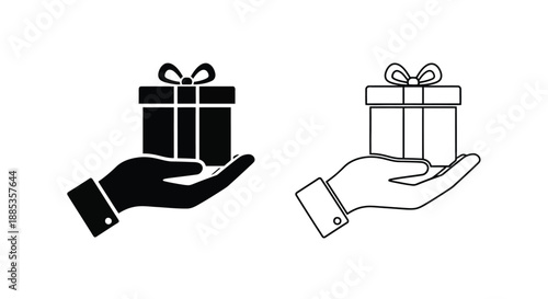 Two hands offering gifts a black and a white line art illustration