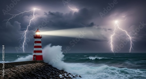A solitary lighthouse bravely withstands a violent thunderstorm and crashing waves high quality