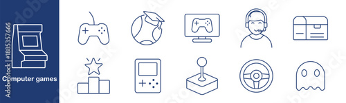 Computer games set icon. Arcade, controller, globe, screen, player, chest, trophy, console, joystick, wheel, ghost. Gaming, fun, competition, entertainment, level, prize, digital, retro.