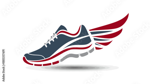 Graphic of a stylized running shoe with a wing on the side, creating a dynamic, athletic image