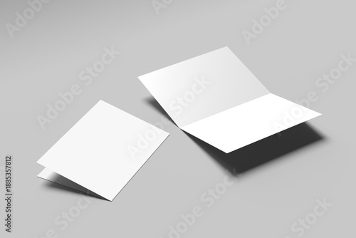 Bi fold vertical - landscape brochure or invitation mock up isolated on gray background.
