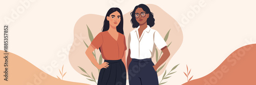 Vector illustration of two different modern women standing confidently side by side together. Pastel background with abstract shapes. For topics of empowerment, gender equality, diversity, Women's Day