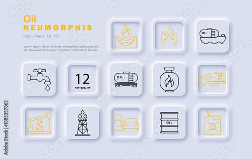 Oil set icon. Fire pit, oil barrel, ship, gas pipeline, tap, tanker, flame bottle, refinery tower, car refuel, fuel can, truck shown in a neumorphic industrial theme for petroleum.