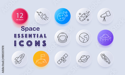 Space set icon. Meteor, planet, comet, telescope, helmet, Earth, UFO, rocket, flag on moon, satellite, Saturn, orbit drawn in outlined astronomy theme.