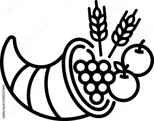Cornucopia horn of plenty icon outline with fruit and wheat. Thanksgiving harvest symbol for greeting card, banner. Vector illustration
