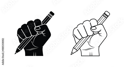 A clenched fist gripping a pencil depicted in both filled and outline styles