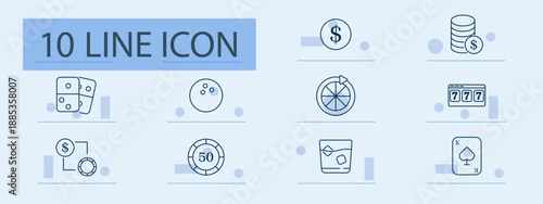 Gambling set icon. Dice, ball, chip, wheel, slot, stack, layout, bet, drink, card. Casino, risk, play, luck, money, game, entertainment, chance, fortune, reward.