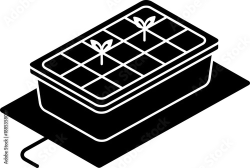 Seedling tray with sprouts on a heating mat, gardening and plant growing concept. Black and white graphic icon for agriculture design