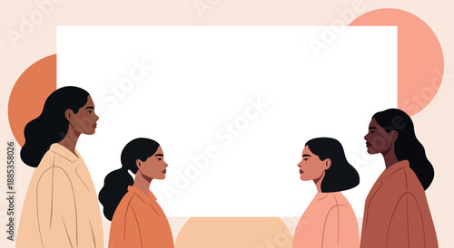 Vector illustration of different women facing each other. Perfect for themes of unity, freedom, feminism, equality, women's empowerment. Space for text in a modern design for Women's Day, March 8th