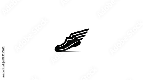 Black and white illustration of a running shoe with wings on a plain white background