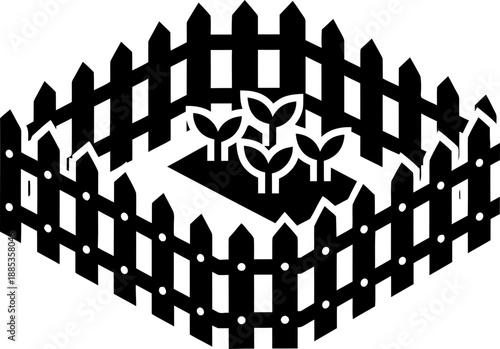 Small garden bed with young sprout plant enclosed by a wooden fence. Gardening and agriculture concept. Isometric black and white vector illustration for icon