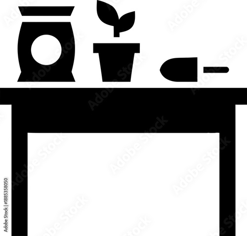 Gardening icon showing a potted plant, fertilizer bag, and trowel on a table, representing horticulture and home gardening. Vector illustration