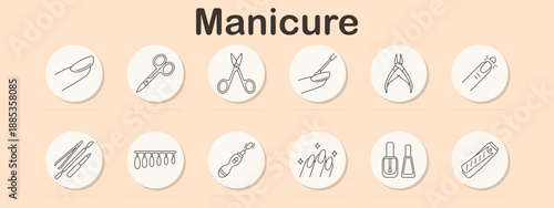 Manicure set icon. Nail, scissors, clippers, cuticle, nippers, polish brush, files, tips, electric tool, sparkle nails, bottles, buffer.