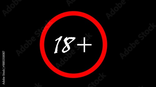 18+ not allowed logo animation, 18 plus icon sign animation on black background.