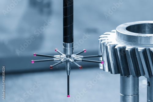 CMM Machine Measuring Metal Gear Parts with Modular Probe in Light Blue Scene